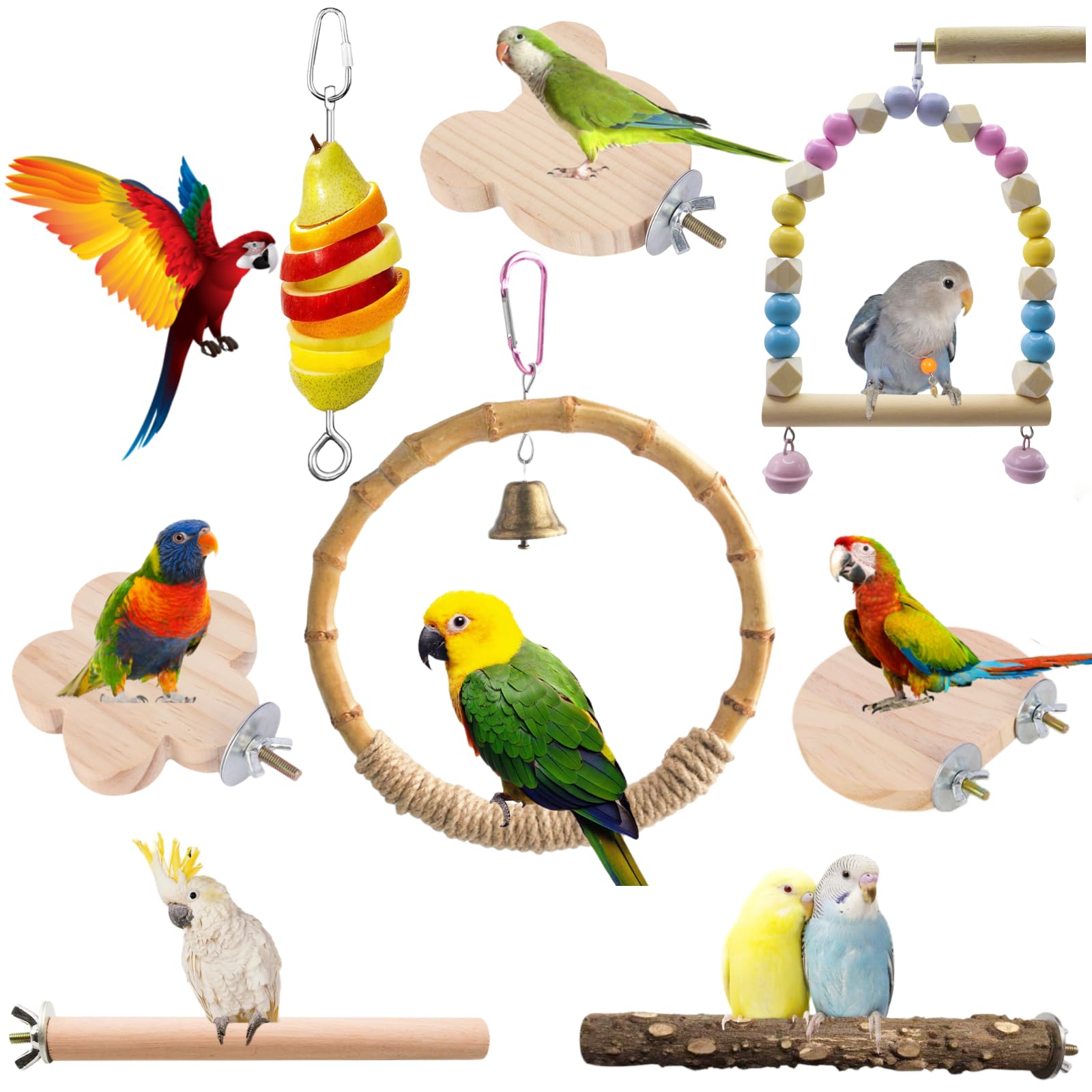 8 PCS Bird Cage Accessories Parakeet Toys Bird Supplies Parrot Perches Swings Platform for Cage Bird Cage Feeder for ParakeetCockatielsConuresFinchesBudgieMacawsParrotsLove Bird and Small Birds